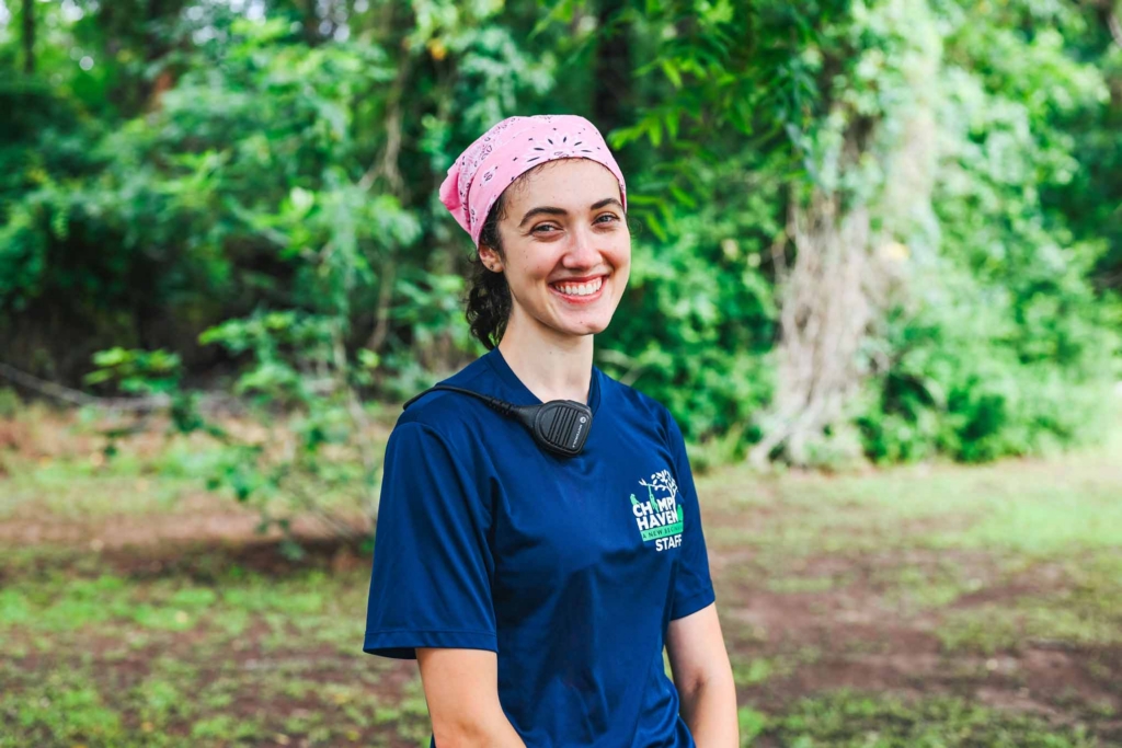 Chimp caregiver wears a bandana on her head for work